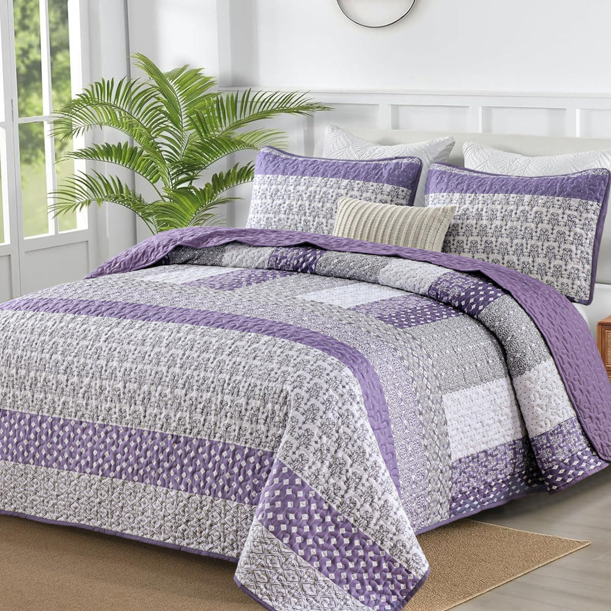 WONGS BEDDING Grey Queen Size Quilt Set, Boho Striped Bedspread