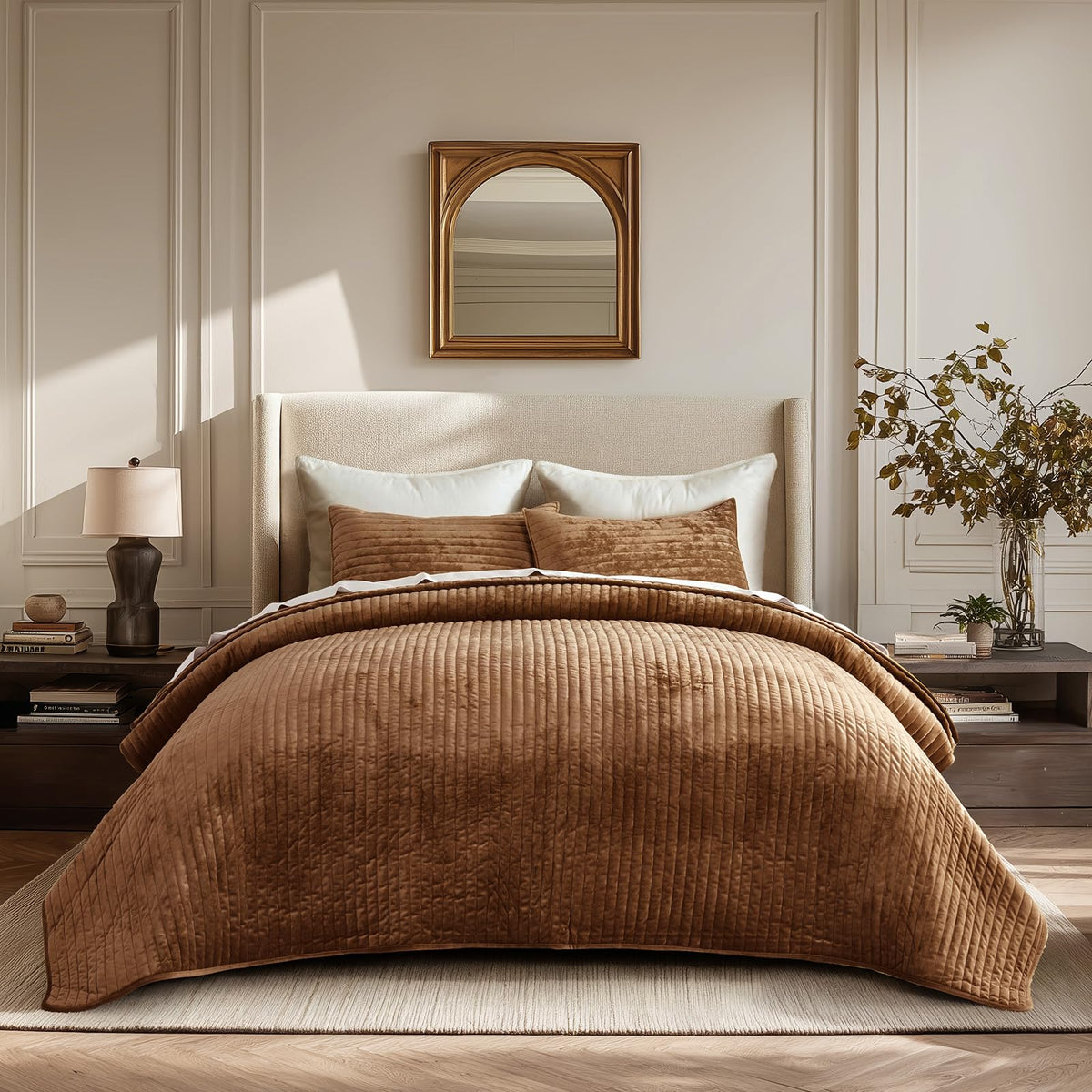 EverGrace Stripe Channel Luxury Velvet Quilt Set King Size, Beige Taupe