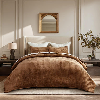 EverGrace Stripe Channel Luxury Velvet Quilt Set King Size, Beige Taupe