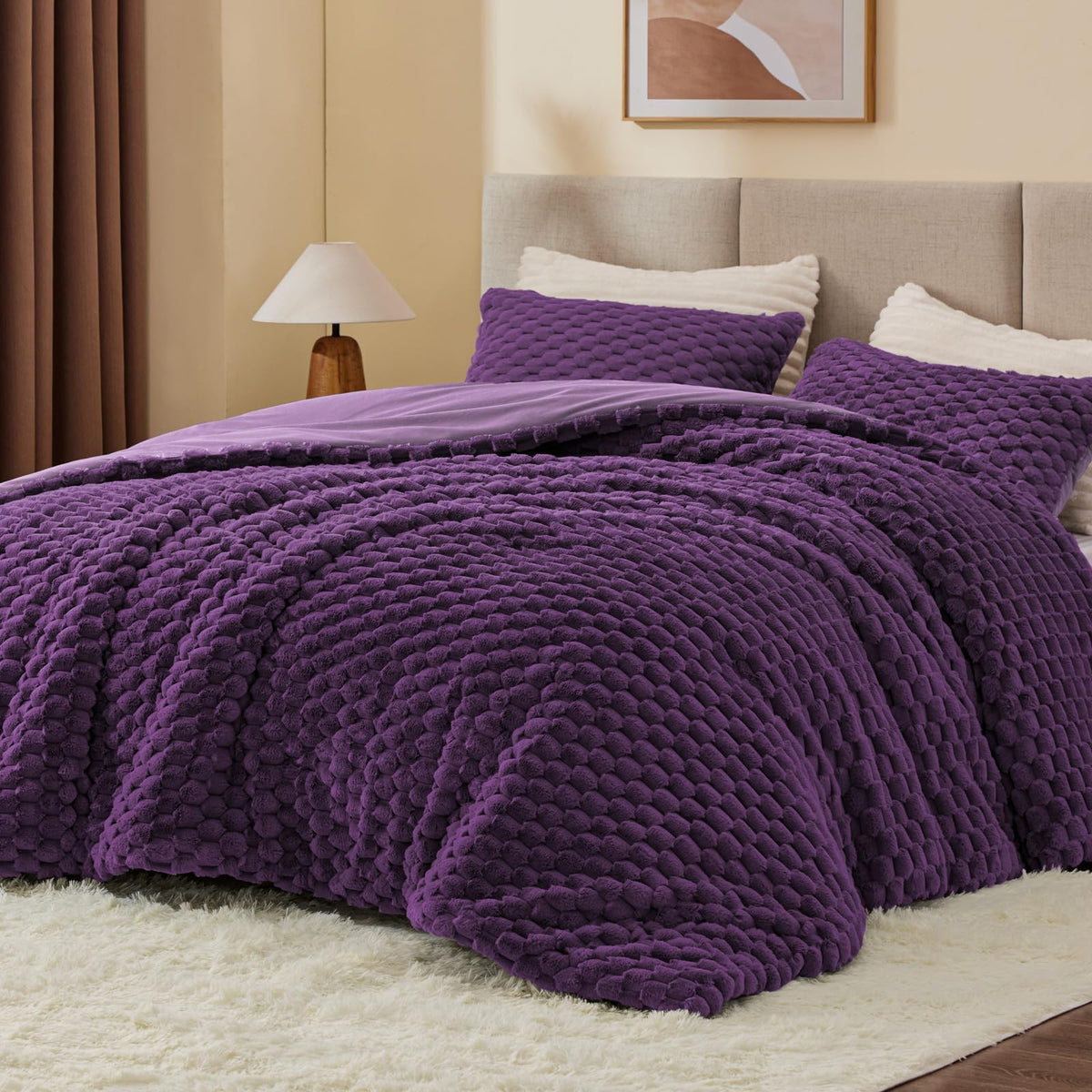 BEDELITE Fluffy Queen Comforter Set, Dark Grey Fleece Bed Set 3 Pieces
