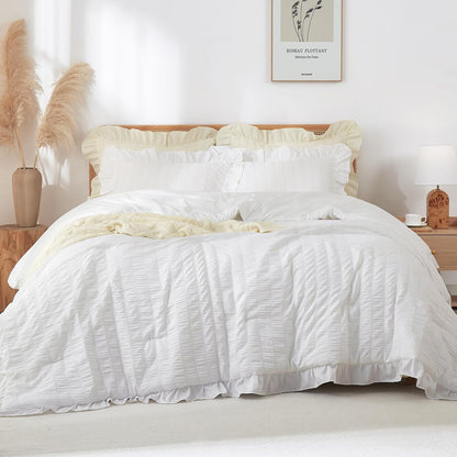 Ruffle Seersucker Queen Szie Comforter Set, Shabby Chic Bedding