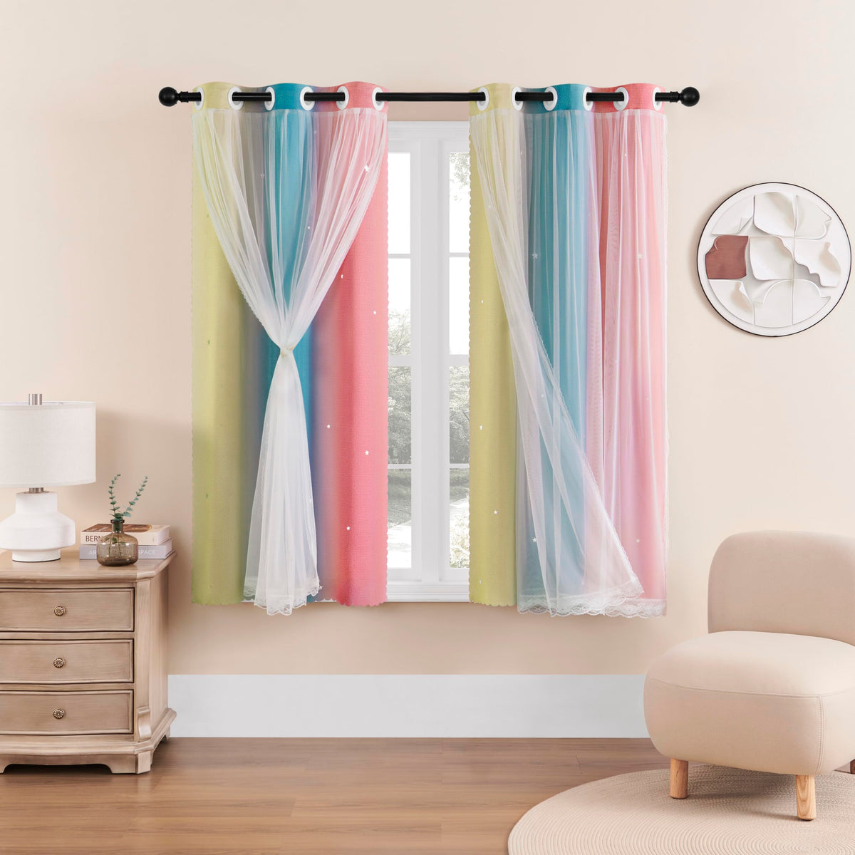 XiDi Curtains for Girls Bedroom Decor, Rainbow Blackout Curtains for Kids/Little Girl Room Decor, Unicorn Wall Decals,Pink Purple Green,63 x 34 inches,1 Panel