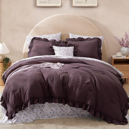 BLOOMHAVEN Queen Comforter Set-7 Pieces Ruffle Bedding with Floral Sheet