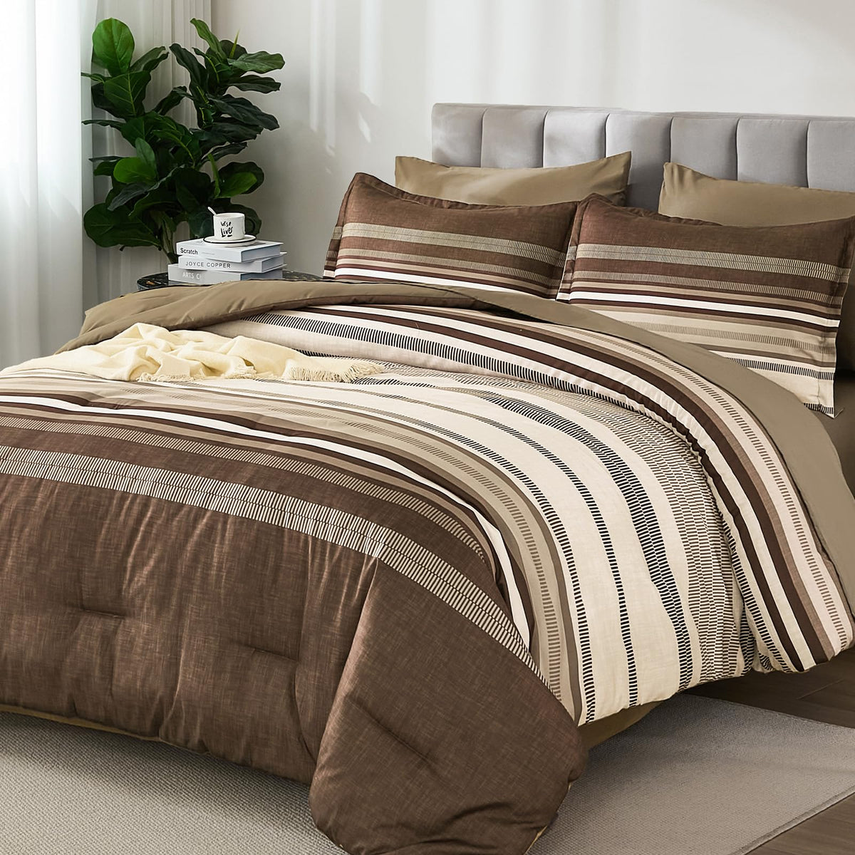 Dobuyly Teal Queen Comforter Set 7 Pieces, Blue Boho Striped Bed in a Bag Queen Size Soft Microfiber All Season Bedding Set with Comforter, Sheets, Pillowcases & Shams