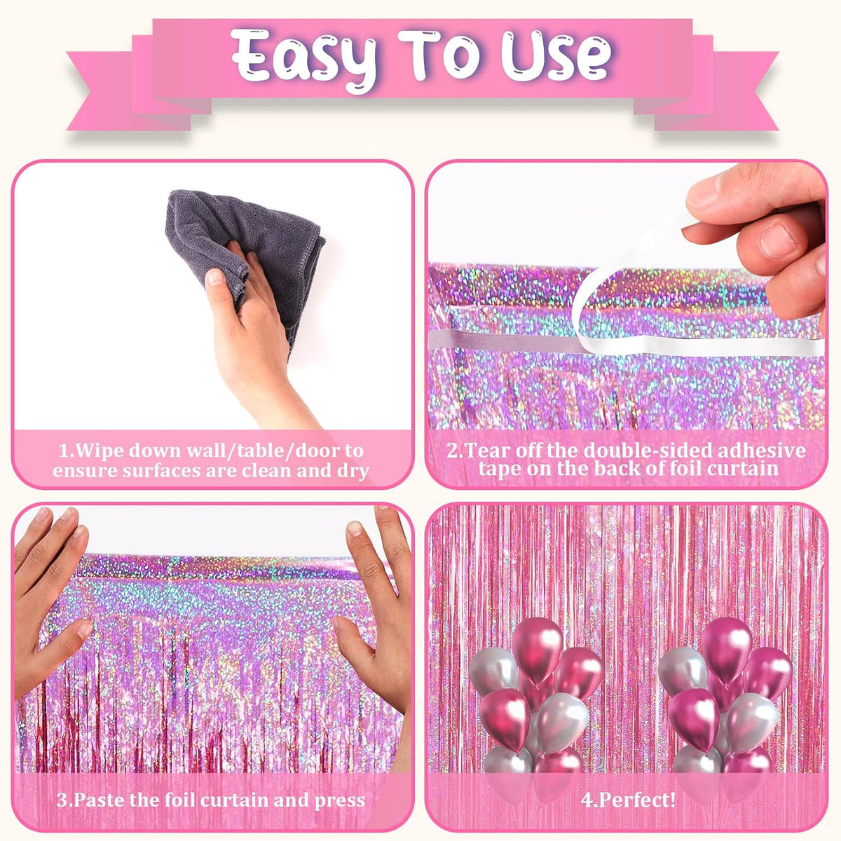 Voircoloria Laser Pink Foil Fringe Backdrop Curtains,3.3x6.6ft, 2 Pack