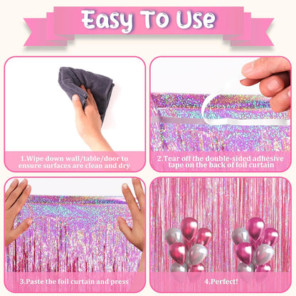 Voircoloria Laser Pink Foil Fringe Backdrop Curtains,3.3x6.6ft, 2 Pack