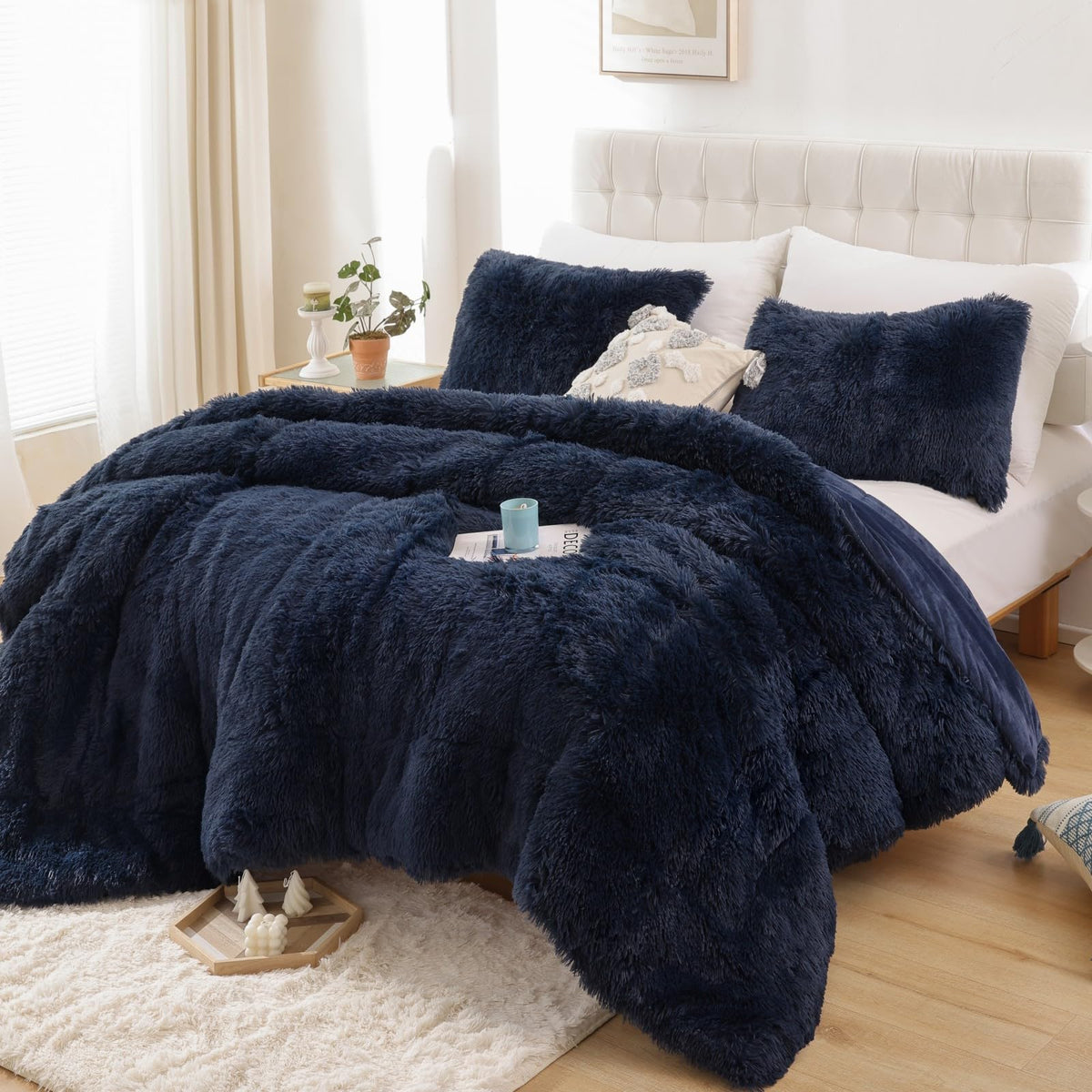 Smoofy Fluffy Queen Comforter Set, Faux Fur Pink Comforter Set 3 Pcs