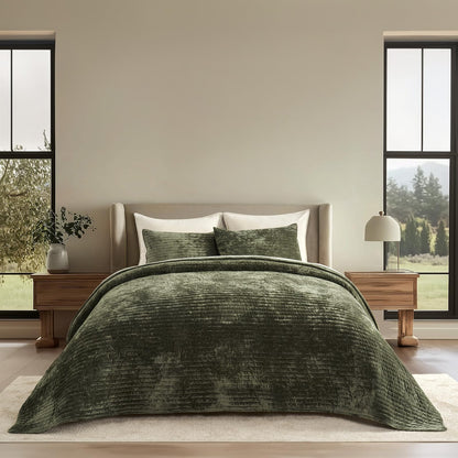 EverGrace Stripe Channel Luxury Velvet Quilt Set King Size, Beige Taupe