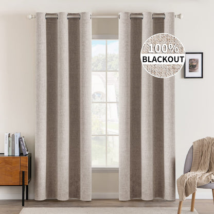 MIULEE 100% Blackout Linen Curtains for Bedroom 52x90 Inches Natural Beige