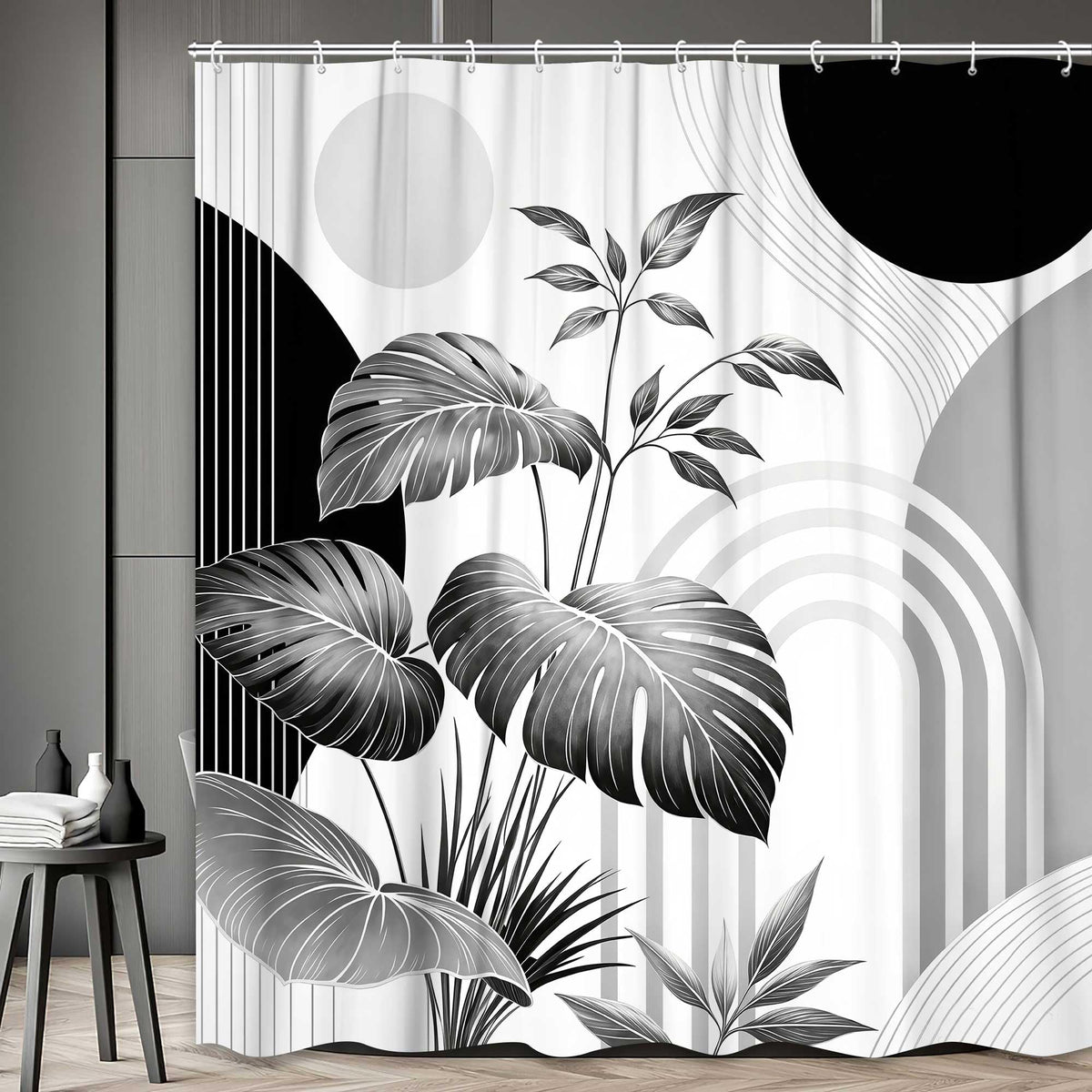 Bondjos Abstract Geometric Botanical Shower Curtain Mid Century Boho Tropical Gold Geometric Monstera Leaf Modern Minimalist Bathroom Curtain Modern Aesthetic Bath Accessories Art Home Decor