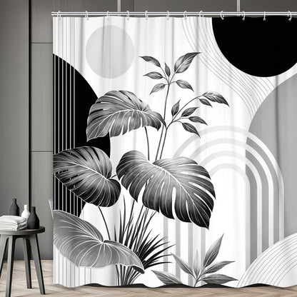 Bondjos Abstract Geometric Botanical Shower Curtain Mid Century Boho Tropical Gold Geometric Monstera Leaf Modern Minimalist Bathroom Curtain Modern Aesthetic Bath Accessories Art Home Decor