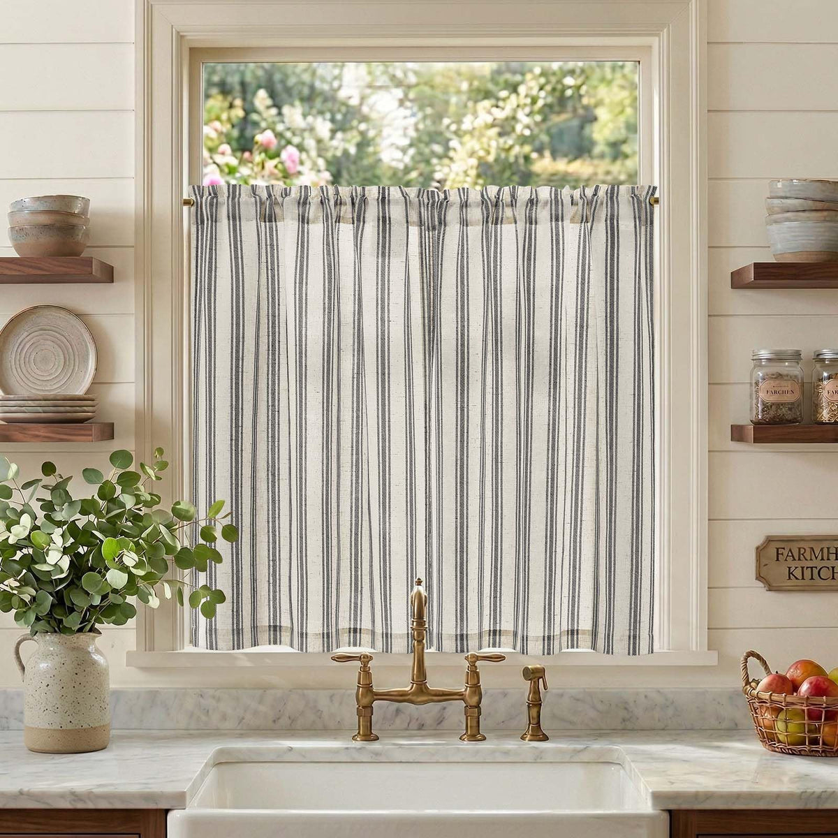 jinchan Linen Striped Tier Curtains for Kitchen Windows Green 26 x 24 inch