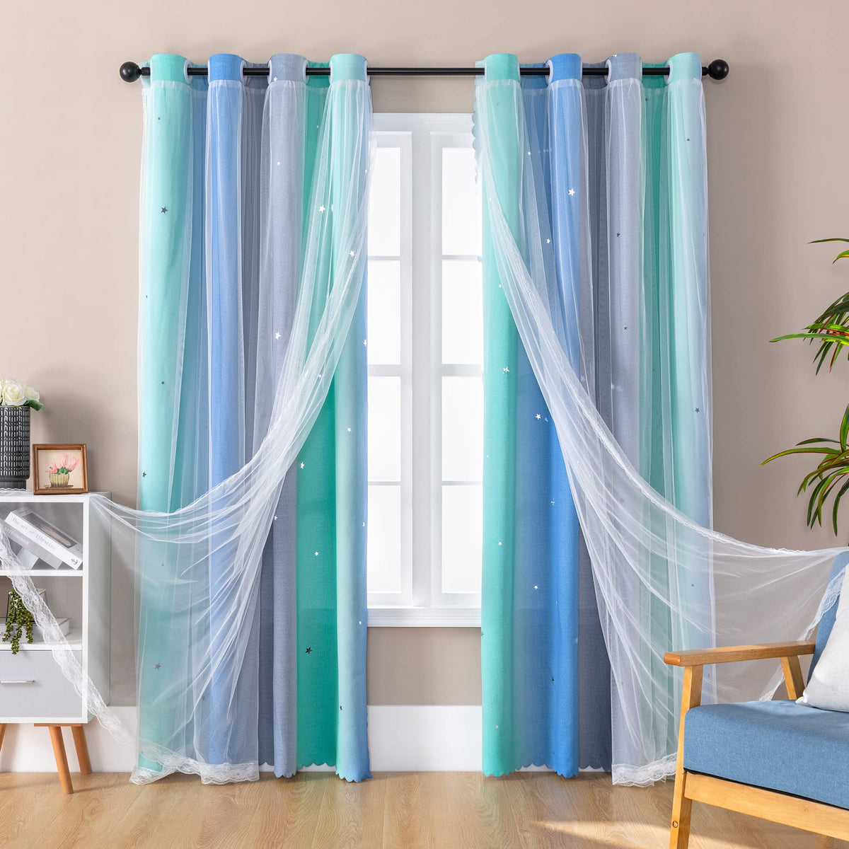 XiDi Curtains for Girls Bedroom Decor, Rainbow Blackout Curtains for Kids/Little Girl Room Decor, Unicorn Wall Decals,Pink Purple Green,63 x 34 inches,1 Panel