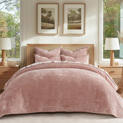 EverGrace Stripe Channel Luxury Velvet Quilt Set King Size, Beige Taupe