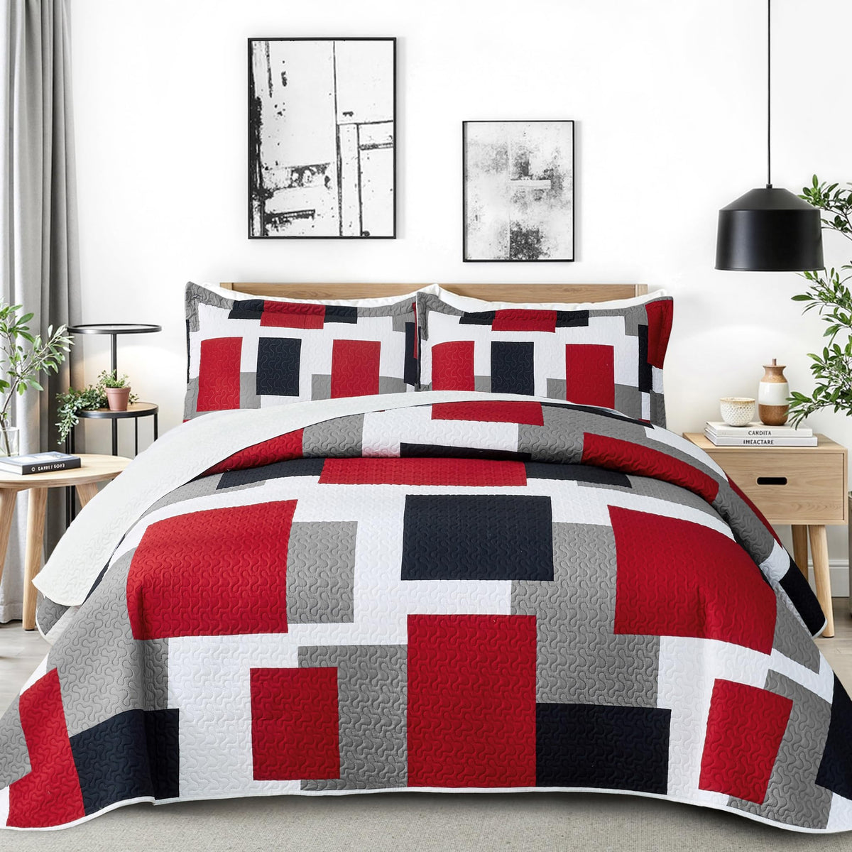 Tyrot 3 Piece Black Grey Quilt Full/Queen Size Black White Gray Bedding Set