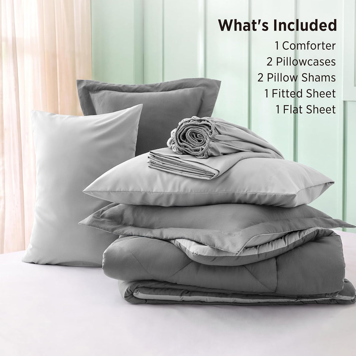 Bedsure Bed in a Bag Full Reversible Bed Set 7 Pieces Grey/Light Grey