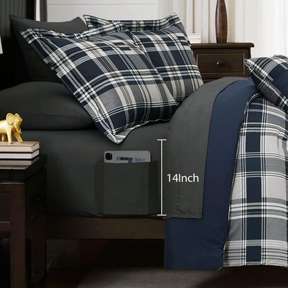 MaiRêve Plaid Queen Comforter Set Navy Blue 7 Pieces Bed in a Bag