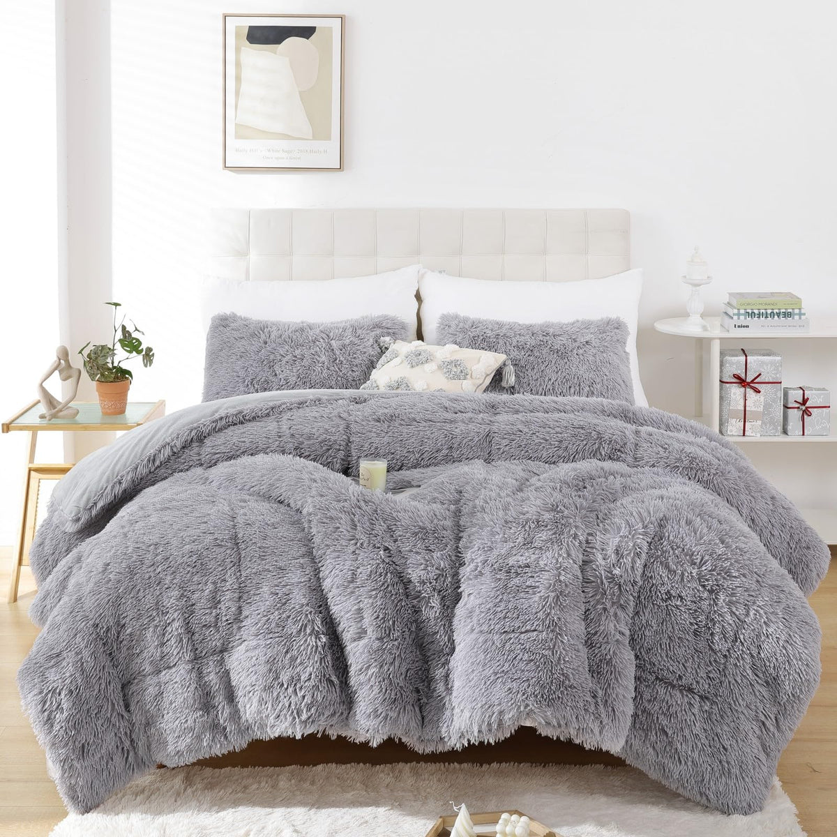 Smoofy Fluffy Queen Comforter Set, Faux Fur Pink Comforter Set 3 Pcs