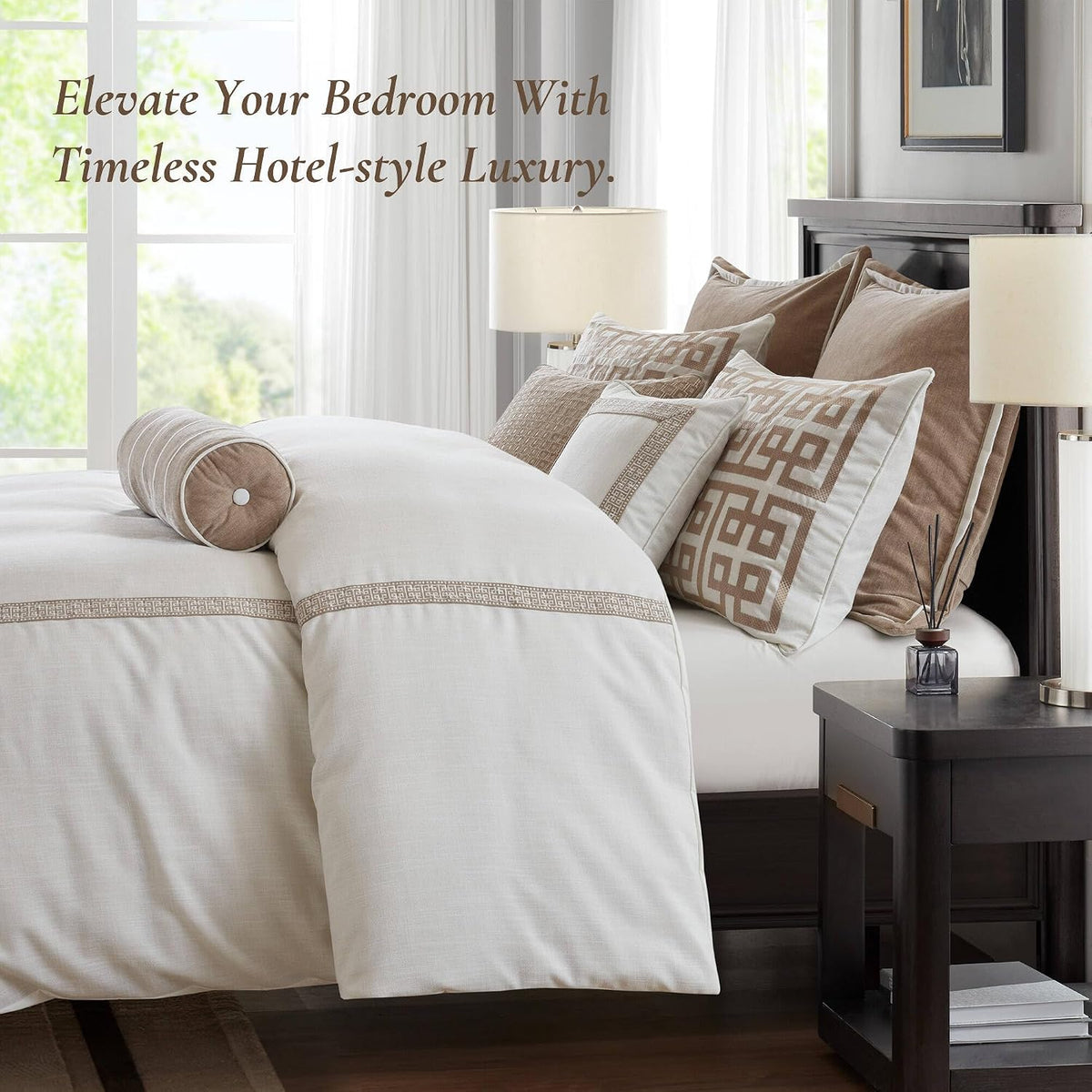 Madison Park Signature Oversized King Comforter Set, Luxury Hotel Style Bedding with Embroidered Details, All Season Down Alternative Comforter, Matching Shams & Decorative Pillows, Ivory/Tan, 9 Piece