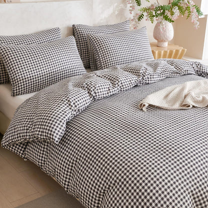 Comforter Queen Set Grid Black 100% Soft Washed Microfiber Jacquard 3 Pieces Grid Bedding Sets Grey White Comforter Queen for All Seasons and 2 Pillowcases Comfort Breathable