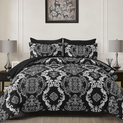 WONGS BEDDING Black Comforter Set Queen Size, Gold Damask Texture 7 Pieces Bed in a Bag Microfiber Comforter Bedding Sets -1 Comforter, 1 Flat Sheet, 1 Fitted Sheet, 2 Pillow Shams, 2 Pillowcases