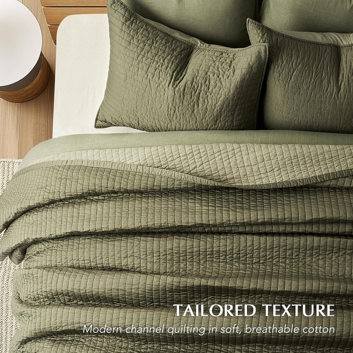 EVERGRACEHOME Cotton Sateen Quilt Set, Queen Size, Olive Green