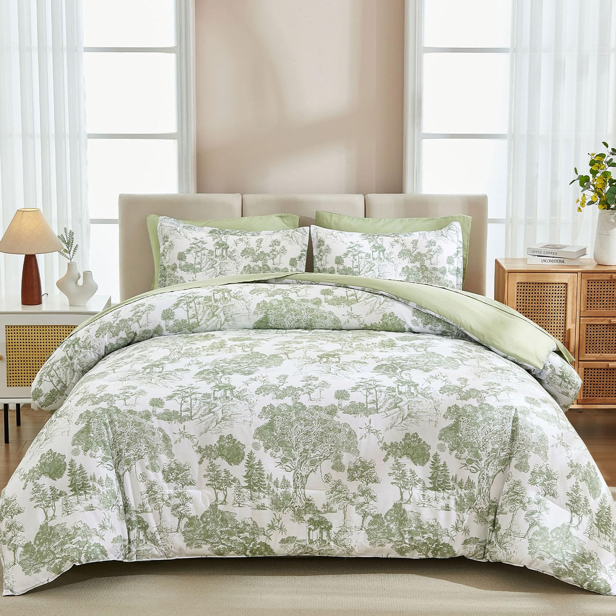 DJY Blue Comforter Set King, 7 Pieces Bed in a Bag King Size Botanical Comforters with Sheets Elegant Plants Print Soft Microfiber Reversible Complete Bedding Sets for All Season