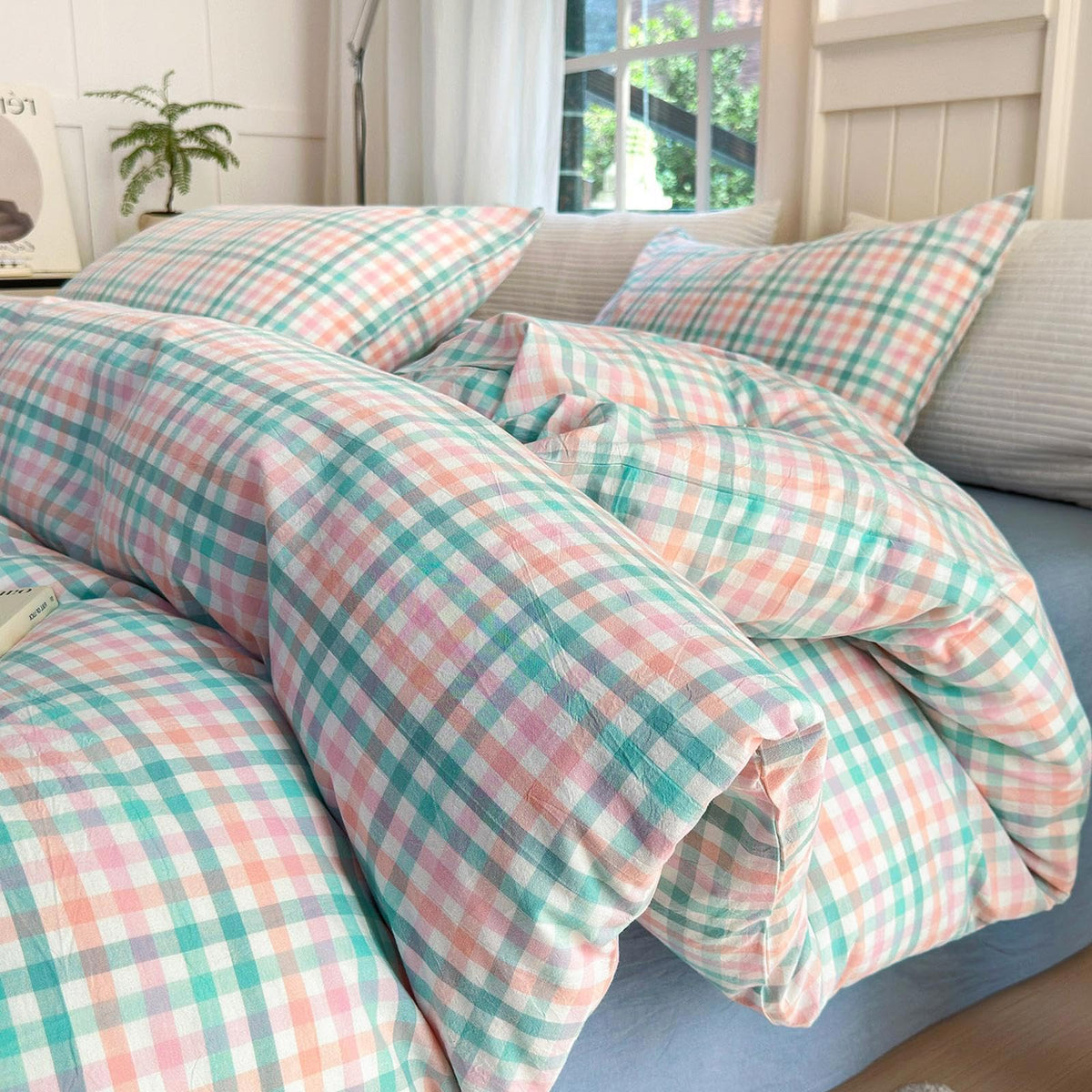 LifeTB Queen Comforter Set Fluffy Plaid Checkered Pattern Modern Style Geometric Comforter with 2 Pillow Shams Grid Plaid Bedding Comforter for Boys Men All Season Queen Size Bed Comforter Set