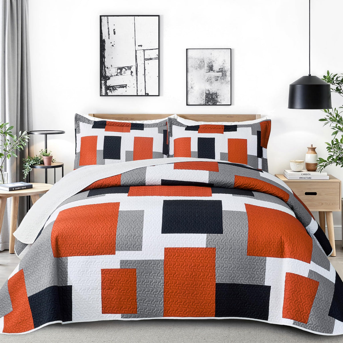 Tyrot 3 Piece Black Grey Quilt Full/Queen Size Black White Gray Bedding Set