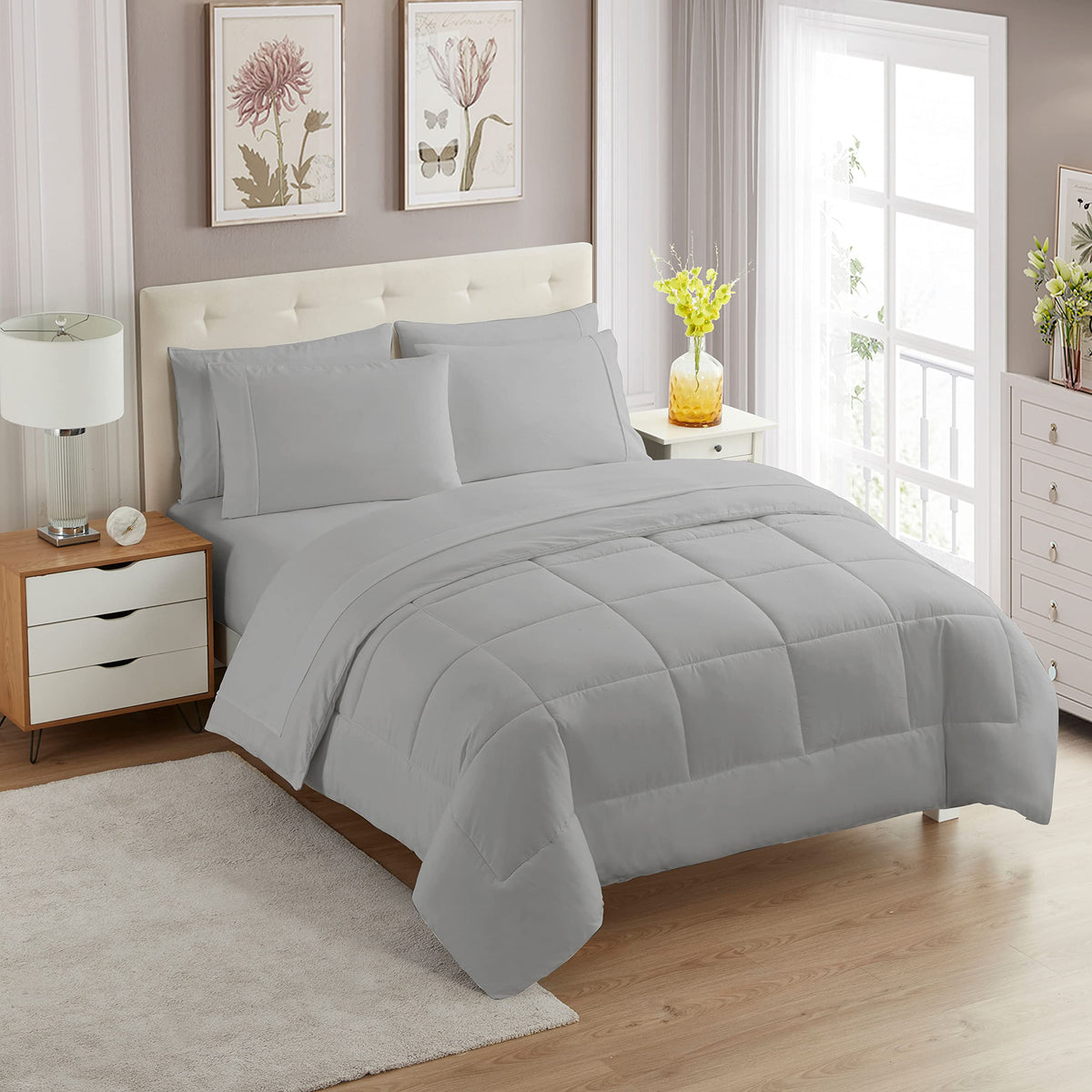 Full Size Comforter Set with Sheets - 7-Piece Bedding Collection - 1 Comforter, 1 Fitted Sheet, 1 Flat, 4 Pillowcases - Deep Pocket - Soft & Breathable Premium Quality - Ideal for All Seasons, Gray