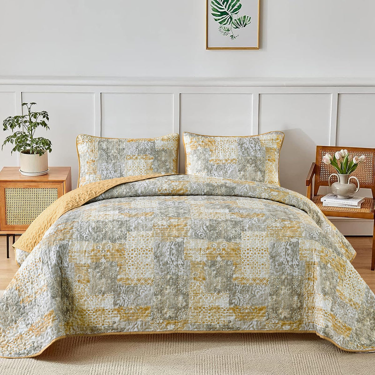 Mybedsoul Boho Quilts Queen Size, Patchwork Floral Bedding Set, Blue