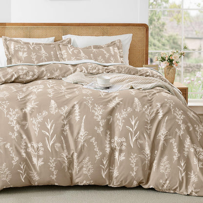 MUXHOMO Duvet Cover King Size, 3-Piece Floral Grey-Blue Bedding Set
