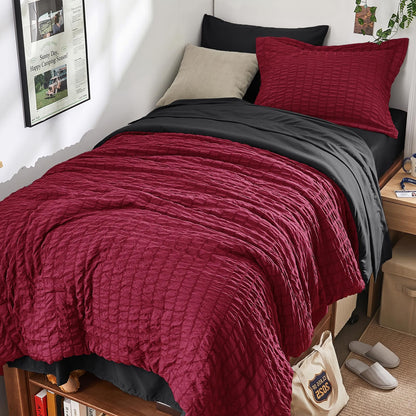 Queen Comforter Set - 7PCS Bed in a Bag, Seersucker Bedding Set, Dark Grey