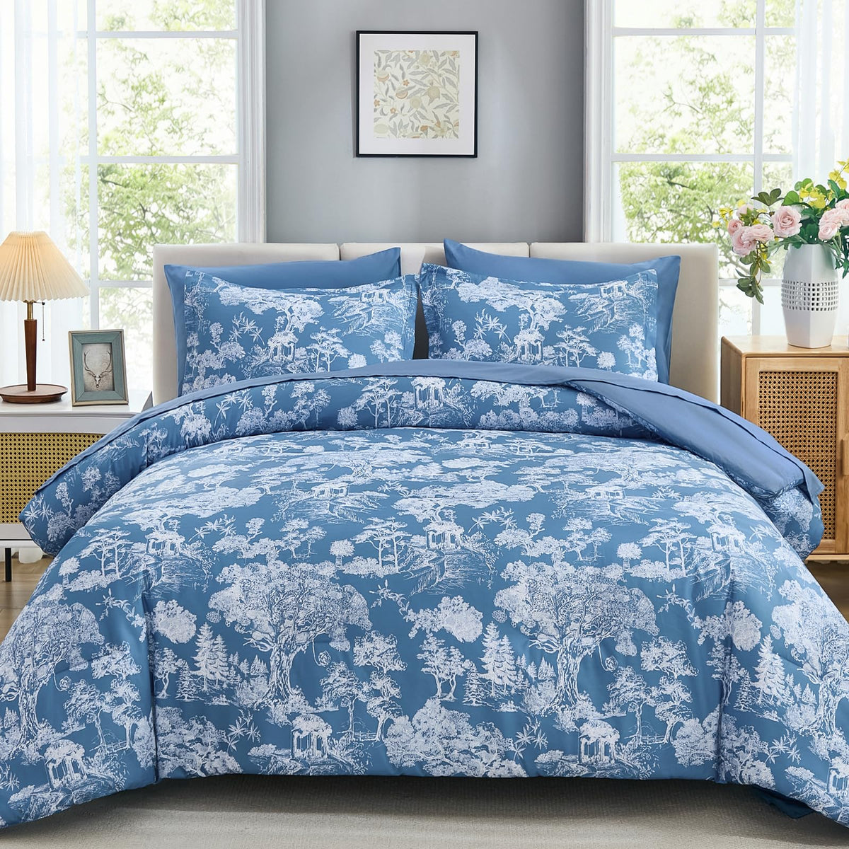 DJY Blue Comforter Set King, 7 Pieces Bed in a Bag King Size Botanical Comforters with Sheets Elegant Plants Print Soft Microfiber Reversible Complete Bedding Sets for All Season