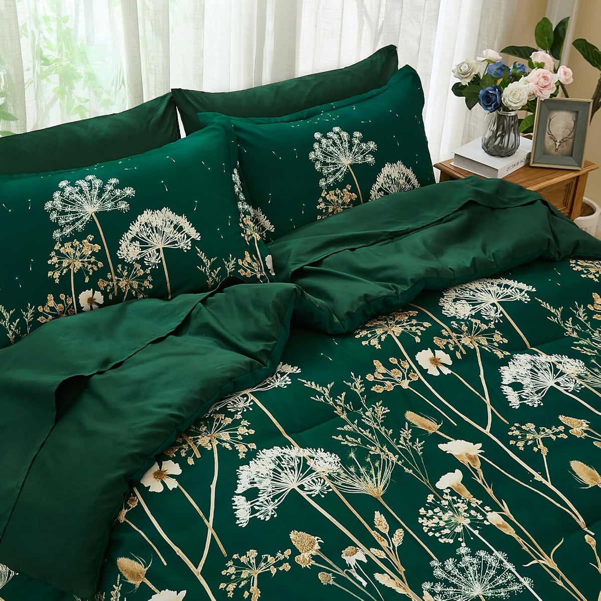 Yiran Queen Comforter Set, 7 Piece Floral Dark Green Dandelion Bed in a Bag