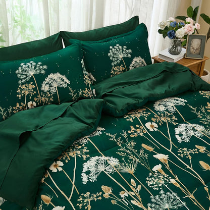Yiran Queen Comforter Set, 7 Piece Floral Dark Green Dandelion Bed in a Bag