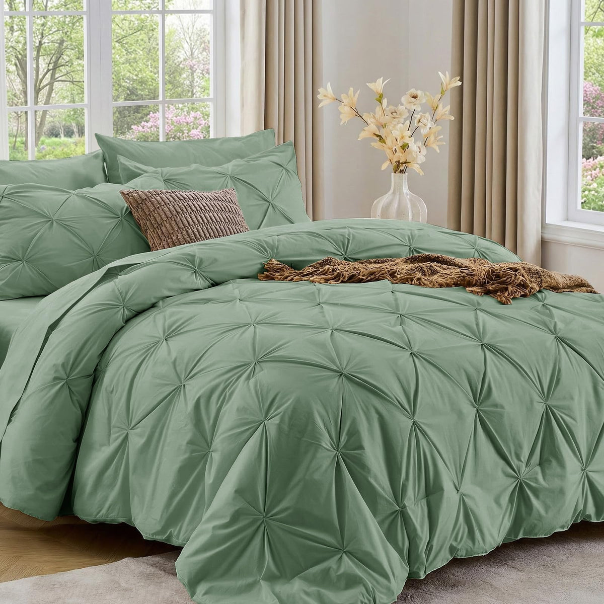 Sasttie Full Size Comforter Set, 7-Piece Bed in a Bag Double, Pintuck Bedding Set for All Season, Includes Comforter, Flat Sheet, Fitted Sheet, Pillowcases and Pillowshams, Beige
