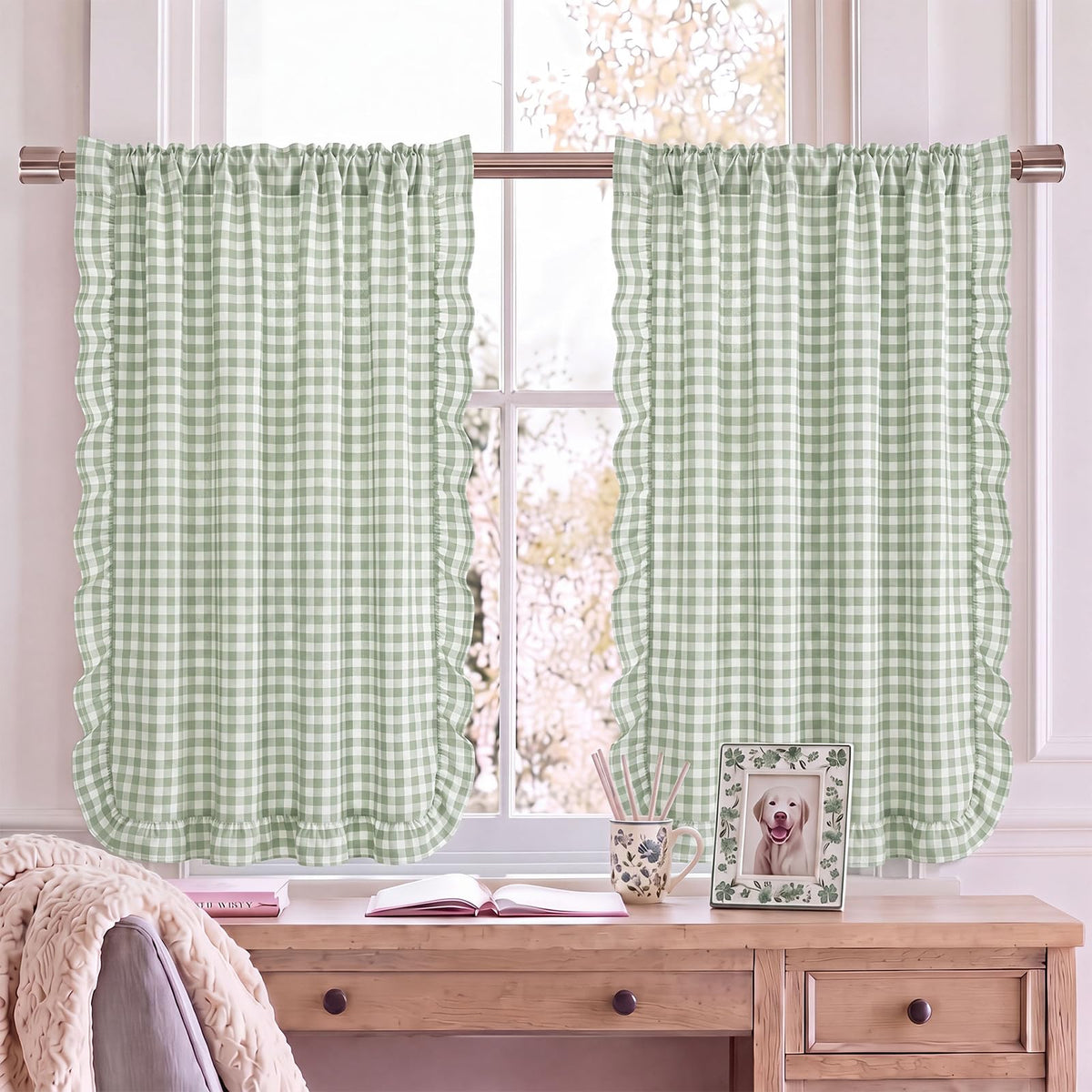 Brown White Gingham Kitchen Curtains 36" Buffalo Plaid Ruffle Cafe Curtains