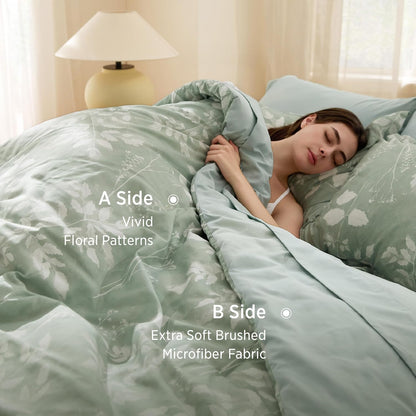 Bedsure Sage Green Queen Comforter Set, Floral Bedding Sets, 7 Piece