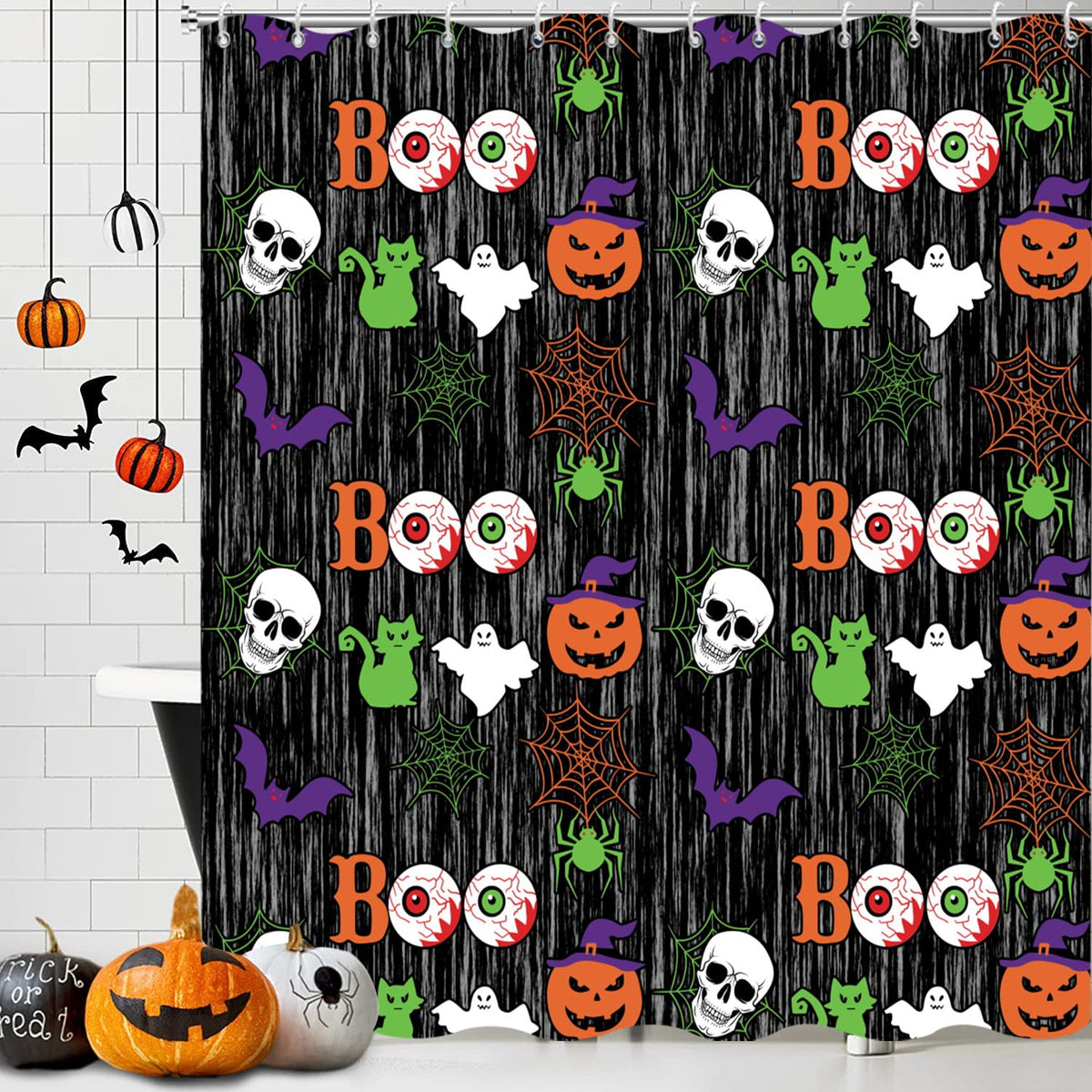 Halloween Shower Curtain, Black and White Funny Ghosts Icons Spooky Cute Halloween Bathroom Curtain Waterproof Fabric Machine Washable with Hooks, 72" Wx72 L