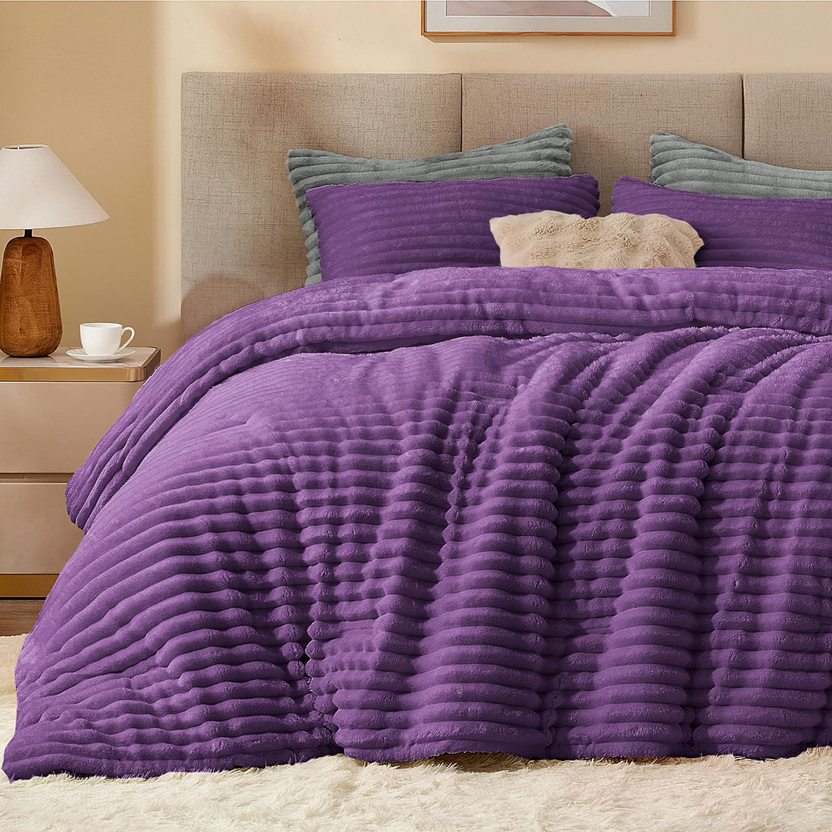 BEDELITE Fleece Full Comforter Set, Fluffy Bed Set, Cream White