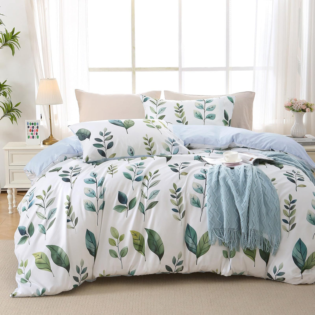 MUXHOMO Duvet Cover King Size, 3-Piece Floral Grey-Blue Bedding Set