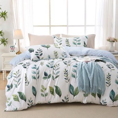 MUXHOMO Duvet Cover King Size, 3-Piece Floral Grey-Blue Bedding Set