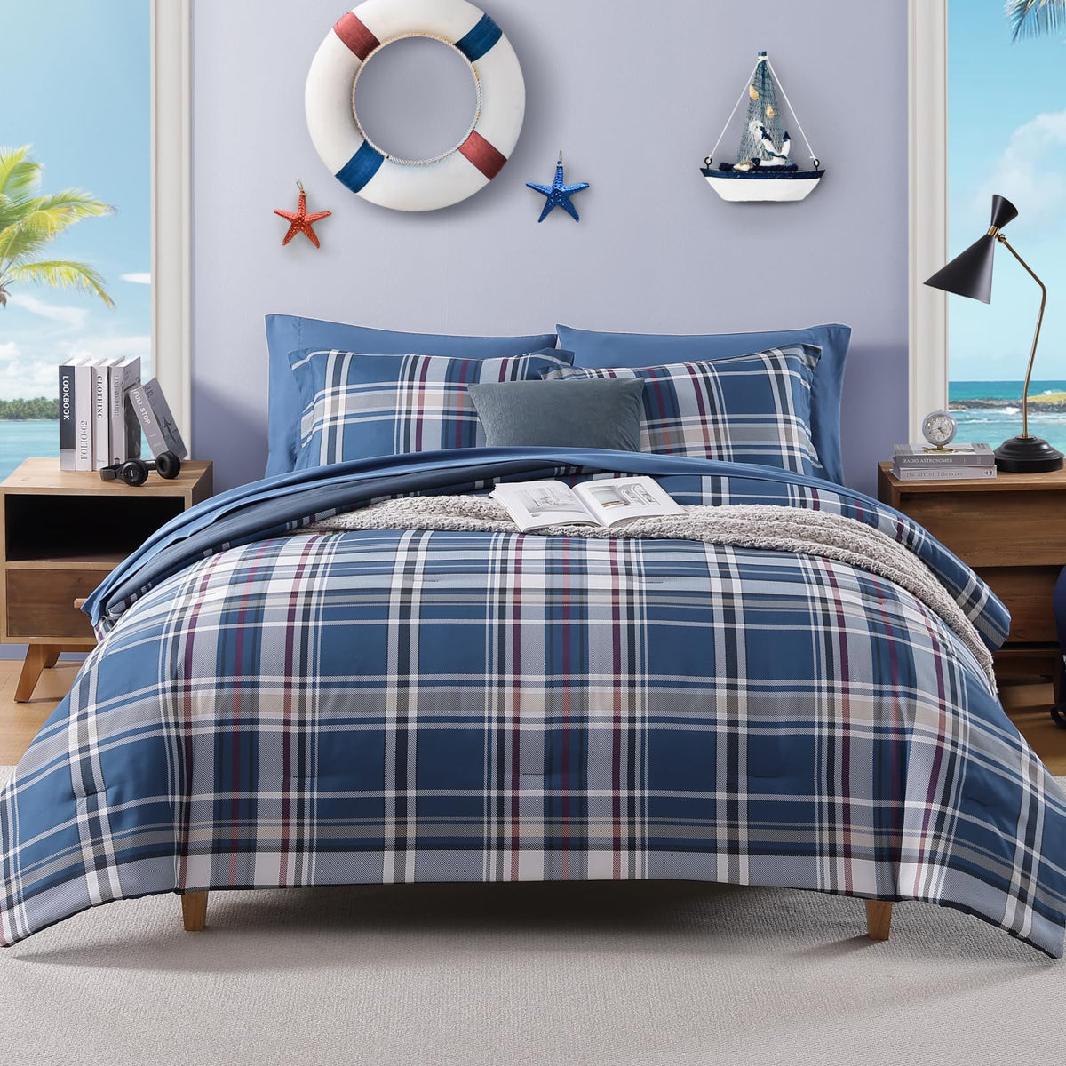 Plaid Full Size Comforter Set Blue Grey 7 Pieces Farmhouse Bed in a Bag