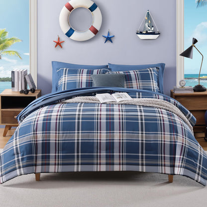 Plaid Full Size Comforter Set Blue Grey 7 Pieces Farmhouse Bed in a Bag