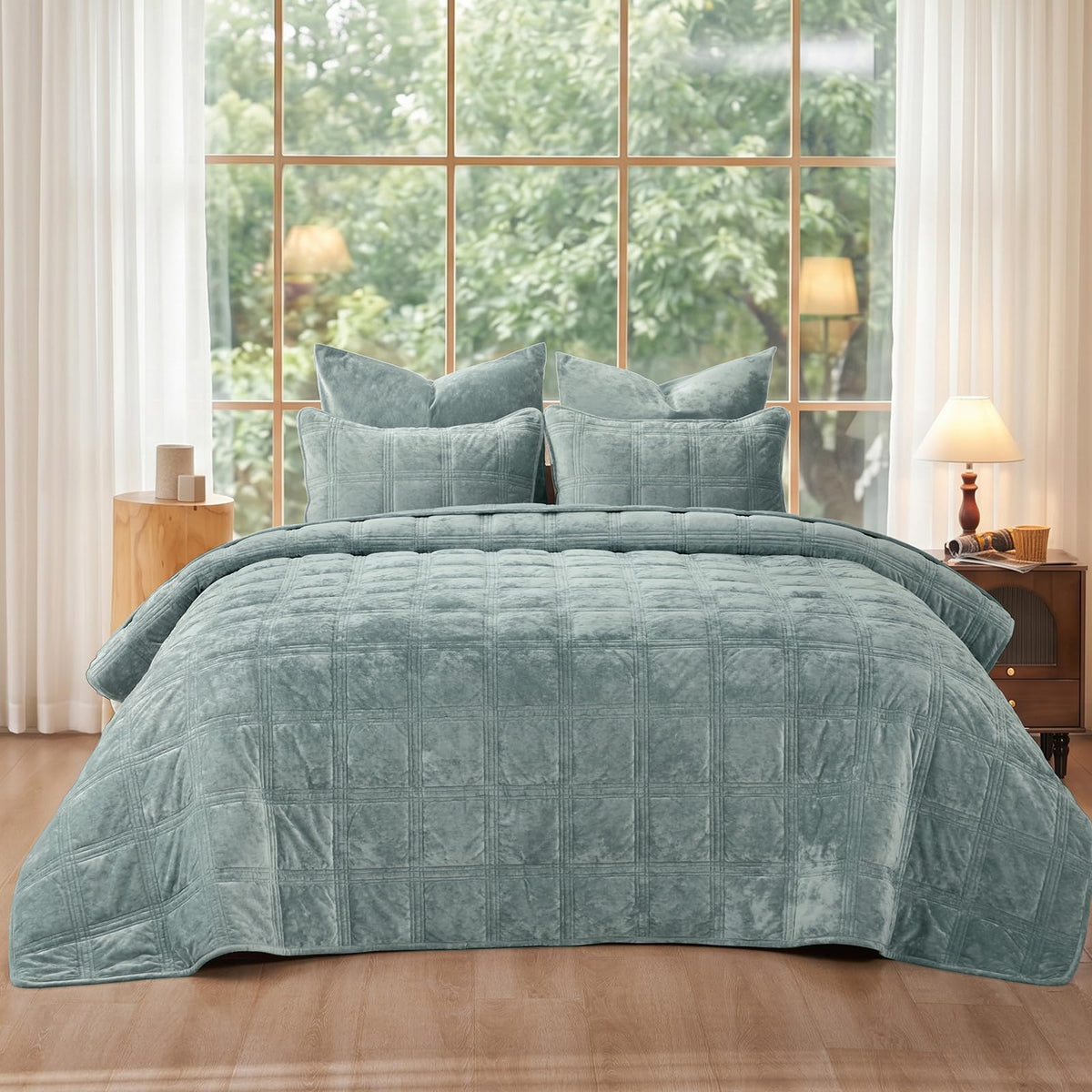 PHF Diamond Pattern Luxury Velvet Quilt Set Queen Size, Sand