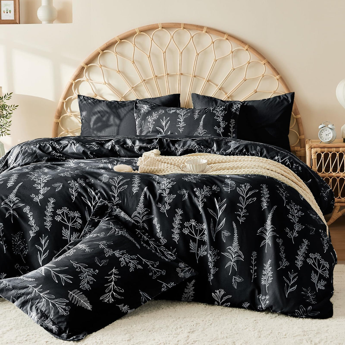 MUXHOMO Duvet Cover King Size, 3-Piece Floral Grey-Blue Bedding Set