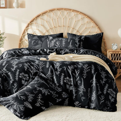 MUXHOMO Duvet Cover King Size, 3-Piece Floral Grey-Blue Bedding Set