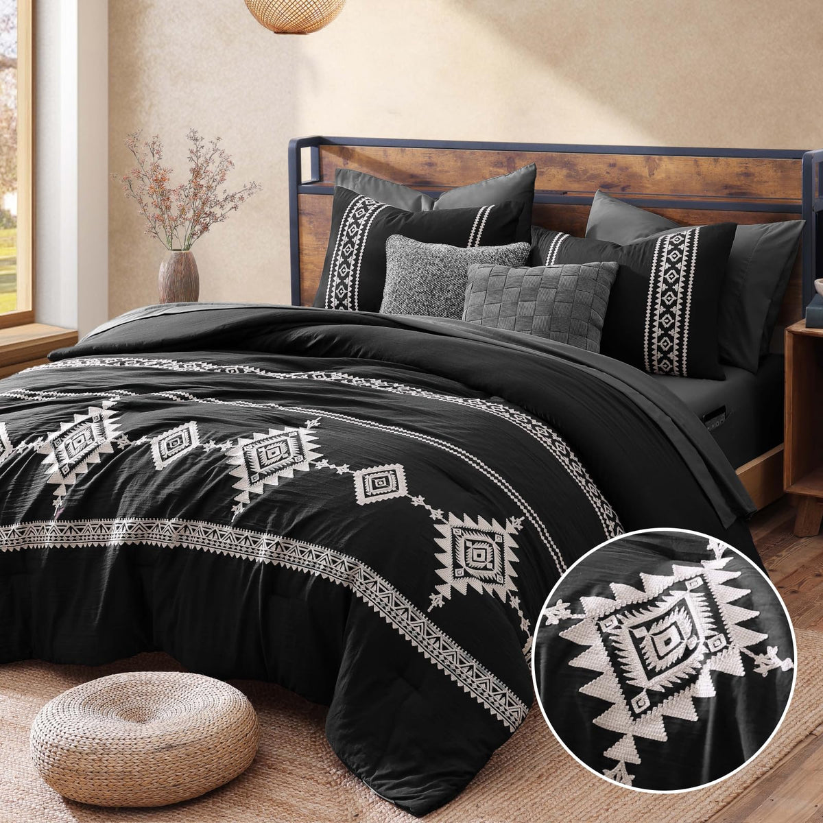 MaiRêve Embroidery Queen Comforter Set 7 Pieces Burnt Orange Bed in a Bag