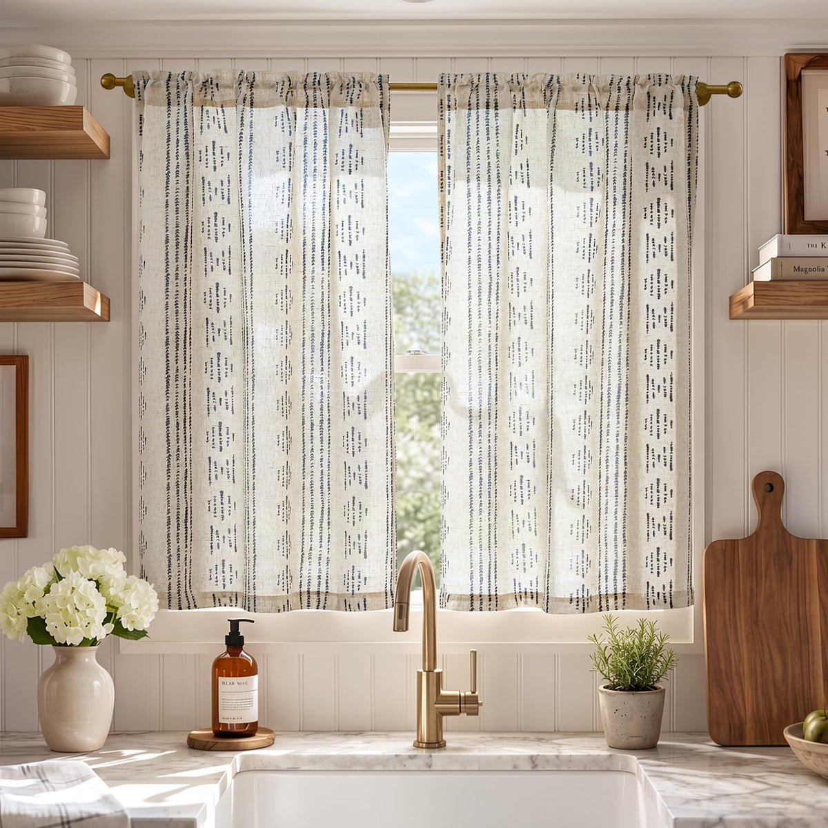 jinchan Linen Striped Tier Curtains for Kitchen Windows Green 26 x 24 inch
